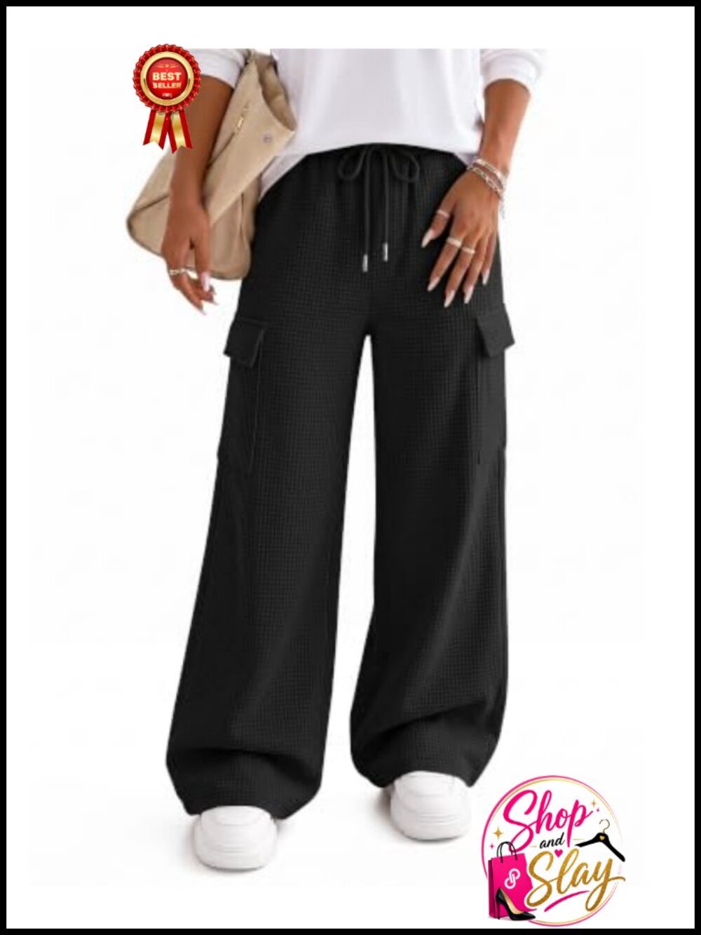 Waffle Knit Cargo Sweatpants Baggy Wide Leg Drawstring Pants